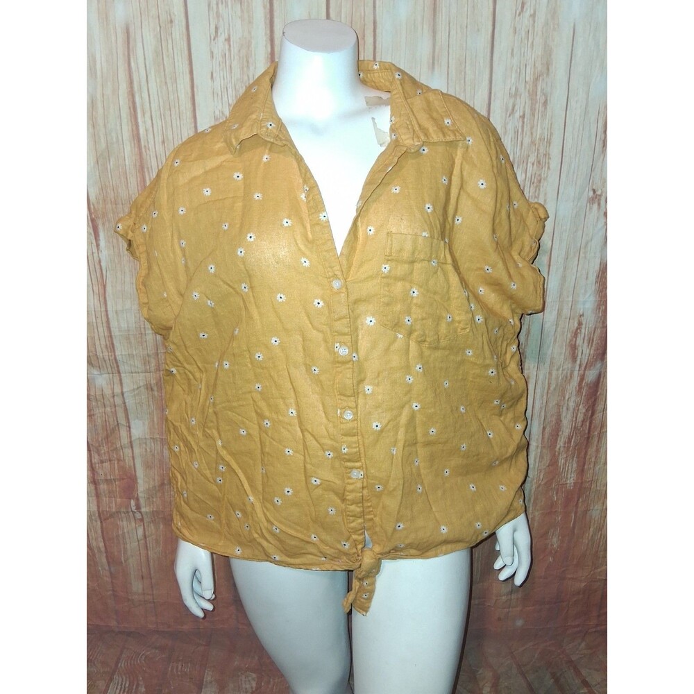 Old Navy Yellow Floral Short Sleeve Button Up Blouse Sz XL